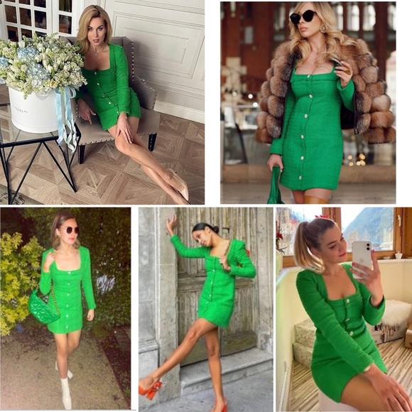 ZARA Kelly Green Textured Tweed Mini Dress Jewel Buttons NWT S Blogger Favorite - Picture 4 of 16